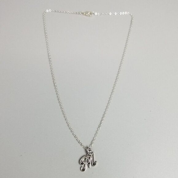 Vintage M Monogram Initial Letter Pendant Necklace, Silver Tone, Estate - Picture 4 of 10